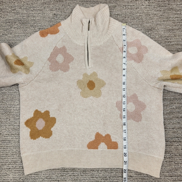 Mock Neck 1/4 Zip Sweater Flowers Ivory Neutrals Merino Wool Blend Boho Womens M - Picture 8 of 8